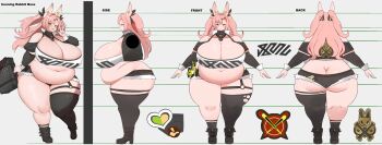1girl absurdres ass blush boots breasts briefcase butt_crack cleavage fat fat_woman female_focus full_body furrification furry furry_female green_eyes heart highres huge_ass huge_breasts kyuuri long_hair looking_at_viewer mole mole_on_breast mole_on_thigh mole_under_eye navel nicole_demara obese obese_female pink_hair rabbit_ears reference_sheet single_thighhigh skindentation solo thick_thighs thighhighs thighs v wide_hips zenless_zone_zero