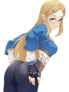 1girl artist_request ass blonde_hair blue_eyes breasts fingerless_gloves gloves hands_on_own_ass higher_resolution_available leaning_forward long_hair looking_at_viewer medium_breasts nintendo pants pantylines pointy_ears princess princess_zelda sideboob smile solo the_legend_of_zelda the_legend_of_zelda:_breath_of_the_wild