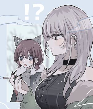 Rule 34 | !?, 2girls, absurdres, animal ears, barbell piercing, black choker, black nails, black shirt, blue eyes, breasts, brown hair, choker, cigarette, commentary, ear piercing, fang, girls band cry, green jacket, grey eyes, grey hair, grey sweater, hamchan69, highres, holding, holding cigarette, industrial piercing, iseri nina, jacket, kawaragi momoka, kemonomimi mode, large breasts, long hair, low twintails, multicolored hair, multiple girls, nail polish, open mouth, parted lips, piercing, roots (hair), shirt, short hair, short twintails, sidelocks, smoke, sweater, twintails