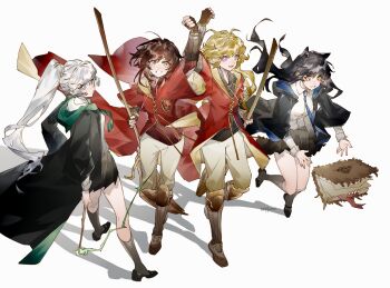 4girls :d animate_object arm_guards arm_up badge black_coat black_footwear black_jacket black_skirt blake_belladonna blonde_hair blue_necktie book broom brown_hair catching coat collared_shirt cosplay creature cross-laced_clothes cross-laced_footwear floating floating_object frown green_eyes green_necktie grey_eyes grey_hair grey_socks gryffindor harry_potter_(series) highres hogwarts_school_uniform holding holding_broom holding_wand hood hooded_coat jacket jumping kneehighs legs_apart long_hair looking_at_viewer looking_to_the_side magic miniskirt multiple_girls necktie open_mouth pants pleated_skirt purple_eyes quidditch ravenclaw reaching red_coat ruby_rose rwby school_uniform sharp_teeth shin_guards shirt shoes short_hair side_ponytail simple_background skirt slytherin smile socks sportswear standing teeth tongue tongue_out tripping twitter_username two-sided_fabric two-sided_jacket very_long_hair walking wand weiss_schnee white_background white_hair white_pants white_shirt wide_sleeves wizarding_world yang_xiao_long yellow_eyes yuji_(fantasia)