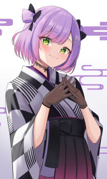 1girl absurdres black_bow black_gloves black_hakama black_kimono black_skirt blush bow brown_gloves checkered_clothes checkered_kimono closed_mouth commentary_request fishnet_gloves fishnets gloves gradient_clothes gradient_skirt green_eyes grey_kimono hair_bow hair_ornament hairclip hakama hakama_skirt highres hololive japanese_clothes kimono looking_at_viewer multicolored_hair official_alternate_costume own_hands_together pink_hair purple_hair ramkilog short_hair skirt smile solo tokoyami_towa tokoyami_towa_(new_year) two-tone_kimono upper_body virtual_youtuber wide_sleeves x_hair_ornament