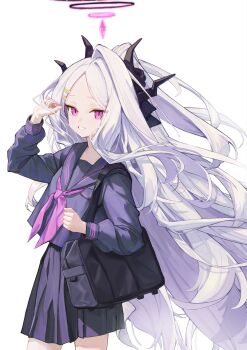 1girl ahoge black_halo black_skirt blue_archive blush breasts commentary_request demon_girl demon_horns halo highres hina_(blue_archive) horns lansemiao long_hair looking_at_viewer purple_eyes school_uniform simple_background skirt small_breasts solo standing very_long_hair white_background white_hair