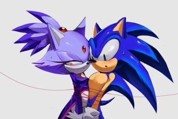 1boy 1girl animal_ears blaze_the_cat blue_fur blush cat_ears cat_girl forehead_jewel furry furry_female furry_male gloves green_eyes grey_background ponytail purple_fur simple_background sonic_(series) sonic_the_hedgehog string string_of_fate sweatdrop white_gloves wvcyclone yellow_eyes