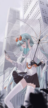 1girl absurdres at_wang belt black_gloves black_skirt blurry blurry_foreground brown_belt building candy cellphone cityscape commentary_request day depth_of_field eyewear_on_head food gloves green_eyes green_hair green_nails hair_ornament hairclip highres holding holding_phone holding_umbrella horns latex latex_gloves lollipop lollipop_in_mouth long_hair long_sleeves looking_at_viewer mouth_hold nail_polish neckerchief orange-tinted_eyewear original outdoors panties pantyshot parallel_hairclips phone pink_horns pleated_skirt railing rain semi-rimless_eyewear shirt single_glove single_horn skirt skyscraper smartphone solo standing standing_on_one_leg thighhighs tinted_eyewear transparent transparent_umbrella umbrella underwear very_long_hair white_neckerchief white_panties white_shirt white_thighhighs wide_sleeves wind wind_lift