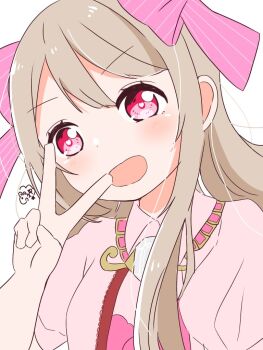 1girl artistic_error bad_id bad_twitter_id blonde_hair chaos_marie_(grimms_notes) grimms_notes momomokkyu open_mouth pink_eyes smile solo unfinished v