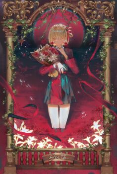 1girl absurdres blonde_hair commentary dress flower grey_dress hair_ribbon highres holding holding_flower indoors liebebento_(dosilan) lycoris_recoil lycoris_uniform nishikigi_chisato one_eye_closed one_side_up pleated_dress red_dress red_eyes red_ribbon ribbon short_hair solo spider_lily two-tone_dress