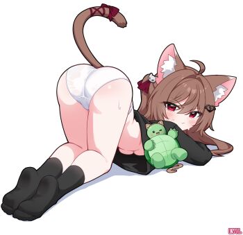 ahoge animal_ear_fluff animal_ears artist_request black_socks blush breasts broken_heart broken_heart_hair_ornament brown_hair cat_ears cat_girl cat_tail downblouse evil_neuro-sama hair_ornament heart heart_hair_ornament highres indie_virtual_youtuber loli looking_at_viewer medium_breasts neuro-sama panties pout red_eyes simple_background socks sweat sweatdrop tail underboob underwear vedal987 virtual_youtuber white_background white_panties xiaomacroz