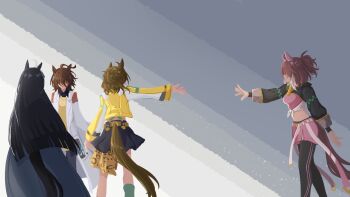 Rule 34 | 4girls, agnes tachyon (tach-nology) (umamusume), agnes tachyon (umamusume), ahoge, animal ears, black coat, black hair, black leggings, black shrug, blue skirt, breasts, brown hair, closed mouth, coat, dantsu flame (center spotlight) (umamusume), dantsu flame (umamusume), ear covers, ear tag, earrings, hair between eyes, highres, horse ears, horse girl, horse tail, huge ahoge, jacket, jewelry, jungle pocket (champion's battle cry) (umamusume), jungle pocket (umamusume), lab coat, large breasts, leggings, leggings under shorts, long hair, long sleeves, manhattan cafe (creeping shadow) (umamusume), manhattan cafe (umamusume), medium hair, midriff, multicolored hair, multiple girls, open mouth, outstretched arm, pink shirt, pink shorts, ruisuke, shirt, shorts, shrug (clothing), simple background, single earring, skirt, sleeves past fingers, sleeves past wrists, sweater, sweater vest, tail, tied shirt, umamusume, umamusume: beginning of a new era, white coat, white hair, white shirt, yellow jacket, yellow sweater, yellow sweater vest