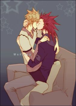 Rule 34 | 2boys, alternate costume, arms around neck, axel (kingdom hearts), black border, blonde hair, blue shirt, border, brown shirt, checkered clothes, closed eyes, collared shirt, commentary, couch, english commentary, english text, facial mark, full body, grey pants, hair slicked back, hand on another's back, hand on another's shoulder, hug, illbewaiting, indoors, kingdom hearts, kingdom hearts ii, kiss, layered shirt, leg lock, long hair, male focus, multicolored pants, multiple boys, on couch, pants, red hair, roxas, shirt, short hair, spiked hair, star (symbol), wing collar, yaoi