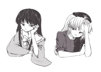 Rule 34 | 2girls, bow, bowtie, closed mouth, collared shirt, commentary request, constellation print, cross, cross print, frilled shirt collar, frills, greyscale, hat, houraisan kaguya, long hair, long sleeves, mochimo-cheese, monochrome, multi-source commentary, multiple girls, nurse cap, open mouth, print hat, puffy short sleeves, puffy sleeves, shirt, short sleeves, smile, touhou, upper body, wide sleeves, yagokoro eirin