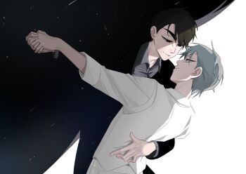 2boys alien_stage black_eyes black_jacket collared_shirt commentary fang fang_out green_eyes grey_shirt hand_on_another&#039;s_back hashtag-only_commentary holding_hands ivan_(alien_stage) jacket kuradrawings male_focus multiple_boys night night_sky red_pupils shirt short_hair sky star_(symbol) suit_jacket till_(alien_stage) very_short_hair white_shirt yaoi