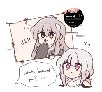 2girls ? ?? artist_self-insert bare_shoulders black_hair chonkyorca clothing_cutout english_text finger_to_mouth grey_eyes grey_hair hair_between_eyes highres long_hair long_sleeves low_twintails multicolored_hair multiple_girls orca_(chonkyorca) original parted_lips puffy_long_sleeves puffy_sleeves shoulder_cutout shushing simple_background sleeves_past_wrists streaked_hair sweater turtleneck turtleneck_sweater twintails twitter white_background white_sweater