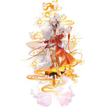 1boy animal_ears branch ear_ornament eyeshadow fate/grand_order fate_(series) floating flower full_body game_cg gradient_hair grey_hair hair_between_eyes hair_ornament hanasaka_no_okina_(fate) highres holding holding_branch japanese_clothes looking_at_viewer magatama makeup male_focus medium_hair midair mole mole_under_eye multicolored_hair official_art red_eyes red_eyeshadow shirt_under_kimono solo taa_(acid) tachi-e tail tassel tassel_hair_ornament third-party_source transparent_background white_flower white_hair wolf_boy wolf_ears wolf_tail