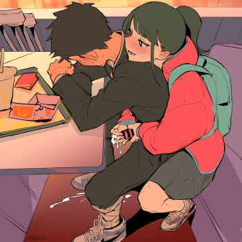1boy 1girl absurdres assertive_female backpack bag black_eyes black_hair black_jacket black_pants blush boyfriend_(yoru_mac) bright_pupils commentary_request cum cum_on_body cum_on_hands cup disposable_cup ejaculation femdom girlfriend_(yoru_mac) handjob happy_meal hetero highres jacket long_hair mcdonald&#039;s pants penis ponytail poriuretan reach-around red_jacket school_uniform short_hair sitting skirt smile two-handed_handjob white_footwear white_pupils yoru_mac