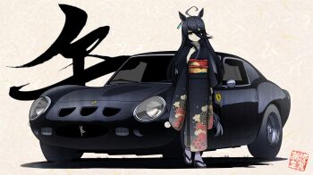 1girl absurdres ahoge animal_ears black_hair black_kimono closed_mouth commentary_request ear_ornament ear_tag earrings ferrari floral_print floral_print_kimono grey_hair hair_between_eyes hand_up highres horse_ears horse_girl horse_tail japanese_clothes jewelry kano_(nakanotakahiro1029) kimono long_hair long_hair_between_eyes long_sleeves looking_at_viewer manhattan_cafe_(umamusume) multicolored_hair obi print_kimono sandals sash single_earring smile socks solo split_mouth standing tail umamusume very_long_hair white_socks yellow_eyes yellow_sash