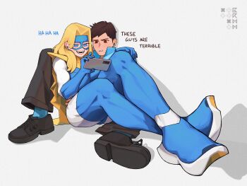 1boy 1girl absurdres artist_logo black_shoes blonde_blazer blonde_hair blue_eyes blue_gloves blue_mask blue_shirt blue_socks brown_eyes brown_hair capelet cellphone dispatch domino_mask english_text eye_mask gloves grmm highres laughing logo long_hair long_legs mask phone robert_robertson shirt shoes short_hair sitting sitting_on_person smartphone socks superhero_costume thick_thighs thighs yellow_capelet