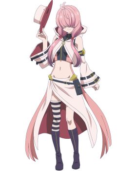 1girl alichey anime_coloring arm_at_side bare_shoulders belt black_belt black_boots boots bow closed_mouth commentary covered_eyes crop_top cropped_vest detached_sleeves english_commentary full_body groin hair_over_eyes hand_up hat hat_bow headwear_request highres holding holding_unworn_clothes holding_unworn_hat hood hood_down hooded_vest hoodie invisible_floor kizoku_tensei:_megumareta_umare_kara_saikyou_no_chikara_wo_eru knee_boots long_hair long_sidelocks midriff mixed-language_commentary navel official_art pink_bow pink_hair sidelocks simple_background single_thighhigh skirt sleeve_belt sleeves_past_wrists smile solo split_mouth standing striped_clothes striped_thighhighs tachi-e thighhighs transparent_background two-sided_fabric two-sided_skirt two-sided_sleeves two-sided_vest two-tone_shirt unworn_hat unworn_headwear vest white_hat white_vest wide_sleeves