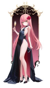 1girl absurdres bare_shoulders black_dress black_shoes blue_hair breasts closed_mouth commentary_request cup dress full_body glass green_eyes green_hair hanako_nana high_heels highres holding holding_cup korean_commentary long_hair looking_at_viewer multicolored_hair nannung no_panties pink_hair shoes simple_background small_breasts smile solo standing stellive streaked_hair virtual_youtuber white_background