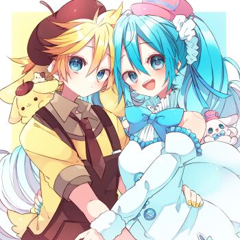 1boy 1girl :d bare_shoulders beret blonde_hair blue_background blue_bow blue_bowtie blue_eyes blue_hair blue_nails blush border bow bowtie brown_hat brown_necktie brown_overalls cinnamoroll closed_mouth collared_shirt commentary_request detached_sleeves double-parted_bangs dress fuwa_fuwa_cinnamoroll hair_between_eyes hat hatsune_miku highres kagamine_len kaho_0102 long_hair long_sleeves looking_at_viewer nail_polish necktie open_mouth outside_border overalls pink_hat pompompurin sanrio shirt short_hair short_sleeves sleeveless sleeveless_dress smile twintails two-tone_background upper_body vocaloid white_border white_dress white_sleeves yellow_background yellow_nails yellow_shirt