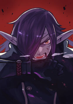 Rule 34 | 1boy, black gloves, blood, blood on face, blue jacket, breath, colored skin, commentary request, gloves, hair over one eye, hand up, jacket, long hair, long sleeves, looking at viewer, male focus, nosebleed, open mouth, pixiv fantasia, pixiv fantasia last saga, pointy ears, purple hair, purple skin, red background, rleven drosselbart, rumie, smile, solo, upper body, wiping mouth