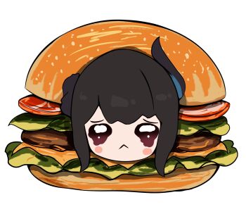 1girl :< asymmetrical_horns black_hair black_horns bread burger cheese chibi chibi_only commentary crying crying_with_eyes_open english_commentary food highres hololive hololive_english horns in_food lettuce looking_at_viewer meat nerissa_ravencroft panpanmc4 simple_background solo tears tomato tomato_slice virtual_youtuber white_background