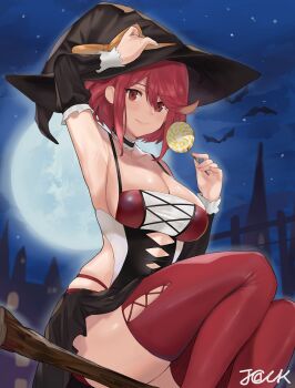 1girl alternate_costume armpits artist_name bat_(animal) black_hat black_skirt breasts brown_eyes candy cleavage cloud detached_sleeves female_focus food full_moon halloween hat j@ck large_breasts lollipop moon night nintendo pyra_(xenoblade) red_hair red_legwear short_hair sitting skirt sky solo star_(sky) starry_sky witch_hat xenoblade_chronicles_(series) xenoblade_chronicles_2