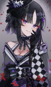 1girl black_gloves black_hair bow bug butterfly butterfly_hair_ornament checkered_bow checkered_clothes checkered_sleeves colored_inner_hair flower gloves grey_background hair_ornament half-closed_eyes hand_on_own_cheek hand_on_own_face hat hat_flower highres housho_margo insect japanese_clothes kimono light_smile lolita_fashion looking_at_viewer magical_girl mahou_shoujo_no_majo_saiban mini_hat mini_top_hat multicolored_hair purple_eyes red_butterfly short_hair simple_background solo top_hat wa_lolita yokuto