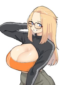 1girl absurdres bangs_pinned_back blonde_hair blue_eyes blush bra breasts cleavage curvy folded_hair forehead glasses grin hair_pulled_back hand_on_own_head high-waist_pants highres huge_breasts inne_sulistya_robin long_hair looking_at_viewer norman_maggot orange_bra original pants selfie shrug_(clothing) simple_background smile solo sports_bra standing underwear white_background