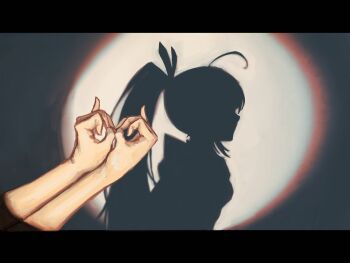 1girl ahoge commentary different_shadow from_side hands_up high_ponytail highres hololive hololive_english hololive_shadow_puppet_(meme) letterboxed long_hair meme nanashi_mumei nanashi_mumei_(1st_costume) ponytail pov pov_hands profile shadow shadow_puppet spotlight symbol-only_commentary tablicoart virtual_youtuber