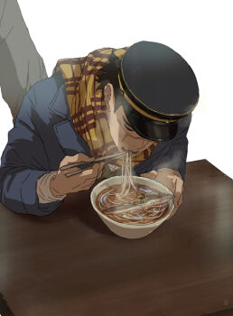 0109_(artist) 1boy black_hat blue_jacket chopsticks closed_eyes commentary_request eating fish food golden_kamuy green_vest hat holding holding_chopsticks jacket kepi male_focus military_hat noodles open_mouth peaked_cap ramen scar scar_on_face scarf simple_background sitting solo sugimoto_saichi sweater table teeth upper_teeth_only vest white_background white_sweater wooden_table yellow_scarf