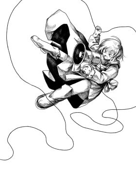 >_< 1girl ahoge asya_shubina boots cable dress full_body greyscale hatching_(texture) highres holding holding_cable holding_megaphone kilsturgeon long_sleeves megaphone monochrome scarf simple_background solo white_background z.a.t.o._//_i_love_the_world_and_everything_in_it