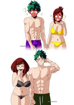 Rule 34 | 1boy, 1girl, age progression, aged up, arm behind head, artist name, bare shoulders, bikini, blush, blush stickers, boku no hero academia, breasts, brown hair, cleavage, couple, embarrassed, green eyes, green hair, green shorts, hetero, highres, holding hands, izuocha, large breasts, laughing, matching hair/eyes, midoriya izuku, multiple views, muscular, muscular male, navel, nervous, open mouth, pectorals, purple shorts, scar, scar on arm, shorts, simple background, stephenogodi, swimsuit, teeth, topless male, twitter username, upper teeth only, uraraka ochako, white background, yellow bikini