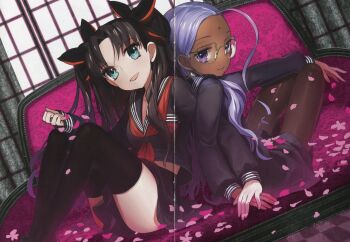 10s 2girls bindi black_hair cherry_blossoms dark_skin dark-skinned_female fate/extra fate/extra_ccc fate_(series) glasses green_eyes highres long_legs multiple_girls pantyhose petals purple_eyes purple_hair rani_viii ribbon scan school_uniform skirt thighhighs tohsaka_rin twintails two_side_up wada_arco