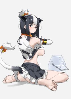 1girl :/ animal_ears animal_print ass bare_legs bare_shoulders barefoot bell black_eyes black_hair black_skirt blunt_bangs blush bow breasts closed_mouth clothes_lift collar commentary cow_ears cow_girl cow_print cow_tail cowbell elbow_gloves extra_ears feet frilled_skirt frills from_behind full_body gloves grey_background hair_bow hair_bun highres holstein_friesian_cattle_(kemono_friends) kemono_friends large_breasts lifting_own_clothes looking_at_viewer looking_back medium_hair microskirt miniskirt multicolored_hair neck_bell no_bra orange_bow panties pleated_skirt print_gloves print_panties print_shirt print_skirt shirt shirt_lift short_hair sideboob sidelocks simple_background single_hair_bun sitting skirt sleeveless sleeveless_shirt soles solo tail tail_bell tail_bow tail_ornament tail_raised tanabe_(fueisei) toes two-tone_hair underboob underwear undressing wariza wedgie white_gloves white_hair white_panties