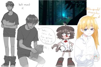 1boy 2girls :3 :d absurdres animal animal_bag animal_ears artist_self-insert beard sophie_(popopoka) blonde_hair bow bowtie cat cat_bag closed_mouth clothes_pull collared_shirt dog_ears dog_tail english_text facial_hair furry furry_female grey_eyes grey_skirt highres holding holding_animal holding_cat long_hair looking_at_viewer lower_teeth_only male_underwear multiple_girls night open_mouth original outdoors pants pants_pull plaid_clothes plaid_skirt popopoka popopoka_(character) red_bow red_bowtie shirt shoes short_hair skirt smile speech_bubble standing sweat tail teeth tree underwear white_background white_shirt