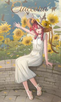 1girl absurdres alternate_costume bare_shoulders blue_sky breasts character_name ciaccona_(wuthering_waves) commentary dress flower green_eyes hair_belt hat hat_flower highres long_hair looking_at_viewer medium_breasts open_mouth outstretched_arms pointy_ears red_hair sandals secret1122 sidelocks sitting sky smile solo sunflower tree_horns waving white_dress white_hat wuthering_waves