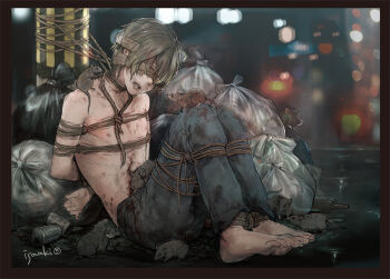 1boy arms_behind_back artist_name barefoot bdsm bishounen bleeding blindfold blood blood_on_clothes blue_pants blurry blurry_background bondage bound bound_ankles bound_arms bound_legs bound_neck bound_wrists brown_hair bruise bruise_on_chest bruise_on_neck bruise_on_torso can city_lights colored_blindfold crude_stitches deep_wound full_body guro head_tilt imminent_death injury isaaki knees_up leaning_back legs_together male_focus mouse_(animal) night on_floor open_mouth original outdoors pants pile_of_trash reverse_ryona rope_around_neck shibari shibari_over_clothes short_hair signature sitting solo stitches tape tape_blindfold teeth toenails topless_male trash_bag utility_pole vore wet_floor