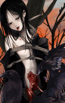 1girl absurdres against_tree bdsm bird black_eyes black_hair bleeding blood blood_from_mouth blood_on_clothes bondage bound bound_torso coat crow disembowelment dying entrails evening facing_to_the_side feeding guro half-closed_eyes highres intestines looking_to_the_side murasamezensaen open_clothes open_coat orange_sky organs original outdoors parted_hair rope_around_neck shibari single_bare_shoulder sky tied_up_(nonsexual) tree turning_head