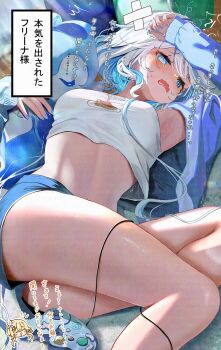 Rule 34 | 1girl, @ @, alternate costume, armpits, artist name, blue hair, blue jacket, blue nails, blue shorts, breasts, cable, commentary request, controller, crop top, fingernails, furina (genshin impact), furrowed brow, game controller, gamecube controller, genshin impact, hand up, heterochromia, highres, jacket, kabu usagi, long hair, long sleeves, lumine (genshin impact), lying, medium breasts, midriff, multicolored hair, nail polish, on back, open clothes, open jacket, open mouth, print shirt, shirt, short shorts, shorts, signature, solo, streaked hair, surintendante chevalmarin, sweat, thighs, translation request, wavy mouth, white hair, white shirt