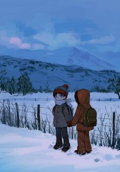 2boys backpack bag beanie black_shoes blue_eyes brown_jacket child chun_baii commentary english_commentary facing_away gloves grey_pants hat highres holding_hands hood hood_up jacket kenny_mccormick male_focus mountain multiple_boys orange_jacket orange_pants pants red_gloves scarf scenery shoes snow south_park stan_marsh striped_clothes striped_scarf