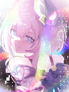 1girl blue_eyes coat commentary cyrene_(aedes_elysiae)_(honkai:_star_rail) cyrene_(honkai:_star_rail) from_behind glitch gosmn19700211 hair_ornament highres honkai:_star_rail honkai_(series) medium_hair pink_hair purple_coat short_hair smile solo symbol-only_commentary upper_body