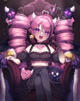 1girl absurdres black_choker black_pantyhose black_shirt black_skirt bubi_(ironmouse) choker commentary crossed_legs demon_girl demon_horns drill_hair english_commentary frilled_skirt frills highres horns ironmouse ironmouse_(brat_princess) long_hair miracle_(waaaracle) multicolored_hair open_mouth pantyhose pink_hair pointy_ears purple_eyes purple_hair shirt skirt smile solo streaked_hair twin_drills very_long_hair virtual_youtuber vshojo