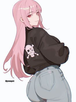 1girl ass black_jacket closed_mouth denim from_behind highres hololive hololive_english jacket jeans long_hair looking_at_viewer looking_back mori_calliope pants pink_eyes pink_hair pomuya sidelocks simple_background smile solo straight_hair virtual_youtuber white_background
