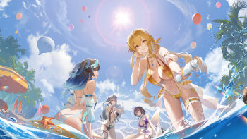 4girls absurdres aircraft arched_back ass back balloon bare_shoulders bikini black_hair black_slingshot_swimsuit blonde_hair breasts butt_crack cleavage day detached_sleeves eyewear_on_head fenny_golden frilled_thigh_strap gradient_hair grey_hair grin highres hot_air_balloon large_breasts long_hair low-tied_long_hair low_twintails median_furrow multicolored_hair multiple_girls navel nerida_-_styx_envoy nerida_morozova official_alternate_costume official_art open_mouth orange_eyes outdoors siris_(snowbreak) siris_-_ksana_(snowbreak) sitting slingshot_swimsuit smile snowbreak:_containment_zone standing stomach sunglasses swimsuit thigh_strap thighs twintails two_side_up very_long_hair vidya_shannon wading water white_bikini yellow_slingshot_swimsuit