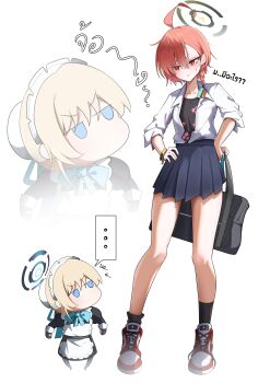 2girls absurdres ahoge bag blue_archive chibi commentary_request hair_between_eyes halo highres holding holding_bag maid multiple_girls neru_(blue_archive) neru_(school_uniform)_(blue_archive) shirokami_da shirt short_hair simple_background skirt thai_commentary thai_text toki_(blue_archive) white_shirt