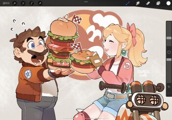 1boy 1girl :o ^_^ arm_hair art_program_in_frame artist_name belt belt_buckle blonde_hair blue_eyes blue_pants blue_shorts bow brown_belt brown_gloves brown_hair buckle burger closed_eyes commentary_request drooling fingerless_gloves food gloves hair_bow highres holding holding_burger holding_food jacket knee_pads korean_commentary mario mario_(series) mario_(touring) mario_kart mario_kart_world motor_vehicle motorcycle nintendo open_mouth pants pink_bow pink_jacket ponytail princess_peach princess_peach_(touring) procreate_(medium) puffy_cheeks red_jacket shirt short_hair shorts sidelocks sitting ssuregigame watch white_shirt wristwatch yoshi