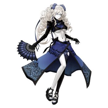 1girl bikini black_bikini black_ribbon black_shoes black_shrug black_trim blue_eyes blue_flower blue_nails blue_sarong bracelet breasts brooch fate/grand_order fate_(series) flower folding_fan full_body game_cg hair_flower hair_ornament hand_fan highres jewelry konoe_ototsugu kriemhild_(fate) kriemhild_(swimsuit_rider)_(fate) kriemhild_(swimsuit_rider)_(first_ascension)_(fate) large_breasts long_hair long_sleeves looking_at_viewer mole mole_under_eye navel navel_piercing official_art outline piercing platform_sandals ribbon ringlets sandals sarong see-through_cleavage see-through_clothes see-through_sarong shoes shrug_(clothing) single_detached_legging solo standing standing_on_one_leg swimsuit tachi-e third-party_source transparent_background twintails underboob white_hair white_outline