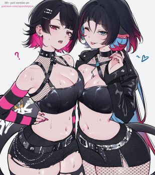 2girls :p ? alternate_costume animal_ears arm_around_waist black_choker black_hair black_jacket black_skirt black_thighhighs blue_eyes blue_hair blush breasts choker closed_mouth colored_inner_hair commentary ellen_joe english_commentary fins fish_tail fishnet_pantyhose fishnet_top fishnets goth_fashion green_eyes grey_background hand_on_own_hip hand_up heart highres jacket jane_doe_(zenless_zone_zero) large_breasts long_hair long_sleeves miniskirt mole mole_under_eye mouse_ears mouse_girl mouse_tail multicolored_hair multiple_girls navel paid_reward_available pantyhose parted_lips pink_eyes pink_hair qiandaiyiyu red_hair shark_tail short_hair simple_background skirt smile spiked_choker spikes stomach sweat tail thighhighs tongue tongue_out torn_clothes torn_thighhighs two-tone_hair zenless_zone_zero