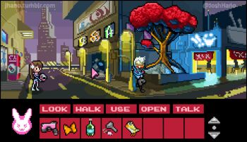 1boy 1girl animated animated_gif brown_hair chibi d.va_(overwatch) doritos english_text ganymede_(overwatch) heads-up_display josh_hano long_hair mountain_dew night overwatch overwatch_1 pixel_art soldier:_76_(overwatch) user_interface
