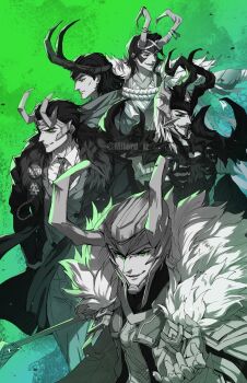 Rule 34 | 1boy, armor, black sclera, buttons, cape, character name, colored sclera, commentary request, double-breasted, fake horns, fur-trimmed jacket, fur trim, gloves, green background, green eyes, helmet, highres, holding, holding staff, horned headwear, horned helmet, horns, jacket, japanese clothes, loki (all-butcher) (marvel), loki (disney+), loki (marvel), loki (presidential attire) (marvel), loki (shin sagi-shi) (marvel), long hair, looking at viewer, male focus, marvel, marvel rivals, milord jz, multiple persona, necktie, official alternate costume, open mouth, pauldrons, profile, short hair, shoulder armor, spiked pauldrons, spikes, spot color, staff, thor (marvel) (series), vest